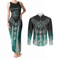 Aotearoa Maori Iwi Heritage Couples Matching Tank Maxi Dress and Long Sleeve Button Shirt Ngati Kahungunu Paua Shell Turquoise LT7 Green Blue - Polynesian Pride