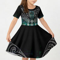Aotearoa Maori Iwi Heritage Kid Short Sleeve Dress Ngati Kahungunu Paua Shell Turquoise LT7 KID Green Blue - Polynesian Pride