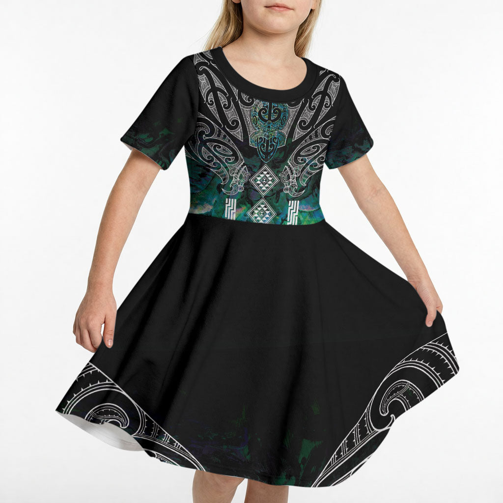 Aotearoa Maori Iwi Heritage Kid Short Sleeve Dress Ngati Kahungunu Paua Shell Turquoise LT7 - Polynesian Pride