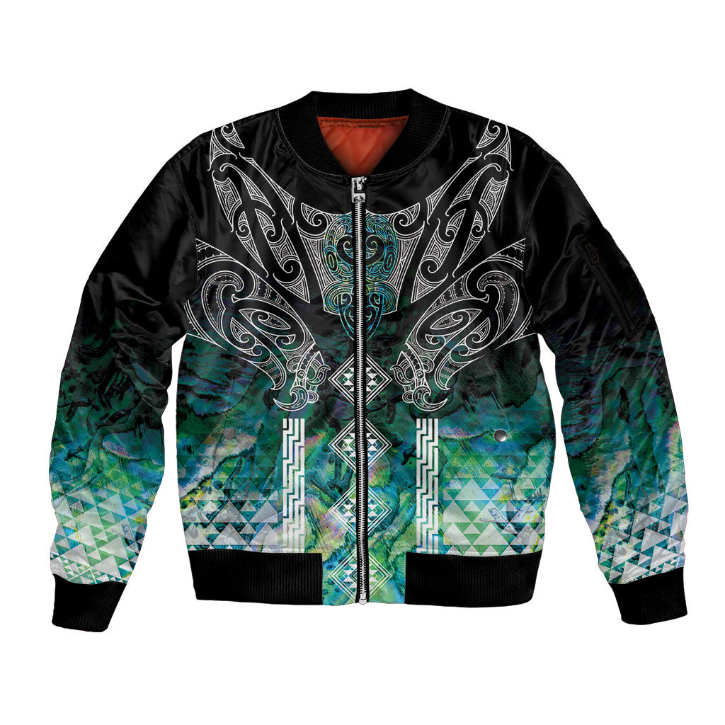Aotearoa Maori Iwi Heritage Sleeve Zip Bomber Jacket Ngati Kahungunu Paua Shell Turquoise LT7 Unisex Green Blue - Polynesian Pride