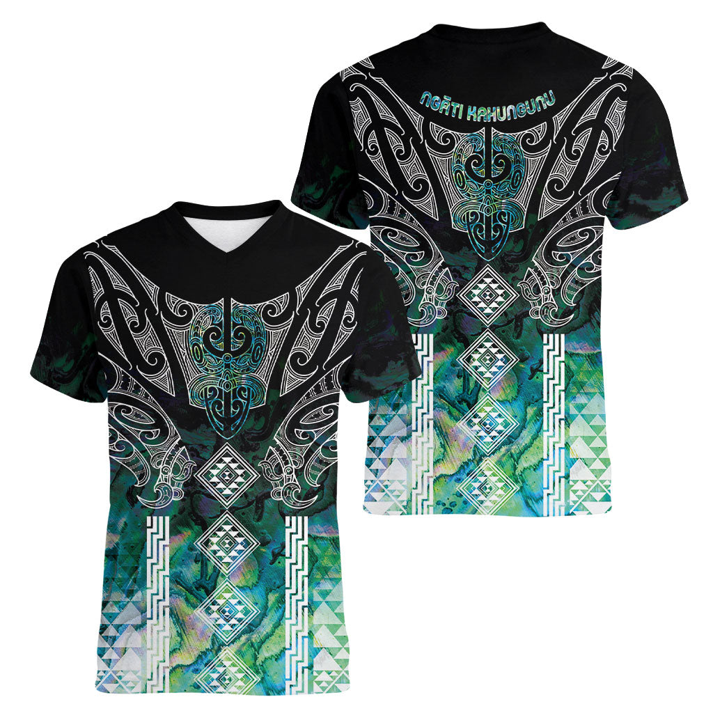 Aotearoa Maori Iwi Heritage Women V-Neck T-Shirt Ngati Kahungunu Paua Shell Turquoise LT7 - Polynesian Pride