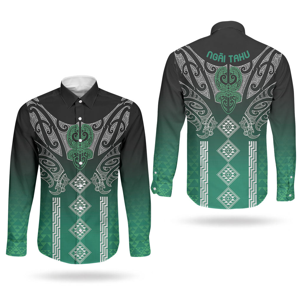 Aotearoa Maori Iwi Heritage Couples Matching Off Shoulder Maxi Dress and Long Sleeve Button Shirt Ngai Tahu Pounamu Green LT7 - Polynesian Pride