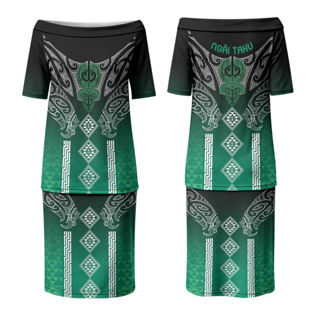 Aotearoa Maori Iwi Heritage Couples Matching Puletasi and Long Sleeve Button Shirt Ngai Tahu Pounamu Green LT7 - Polynesian Pride