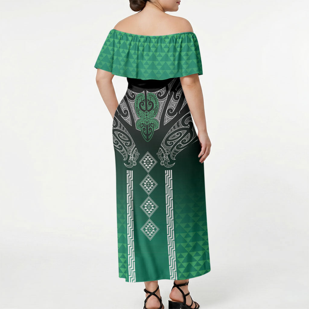 Aotearoa Maori Iwi Heritage Off Shoulder Maxi Dress Ngai Tahu Pounamu Green LT7 - Polynesian Pride