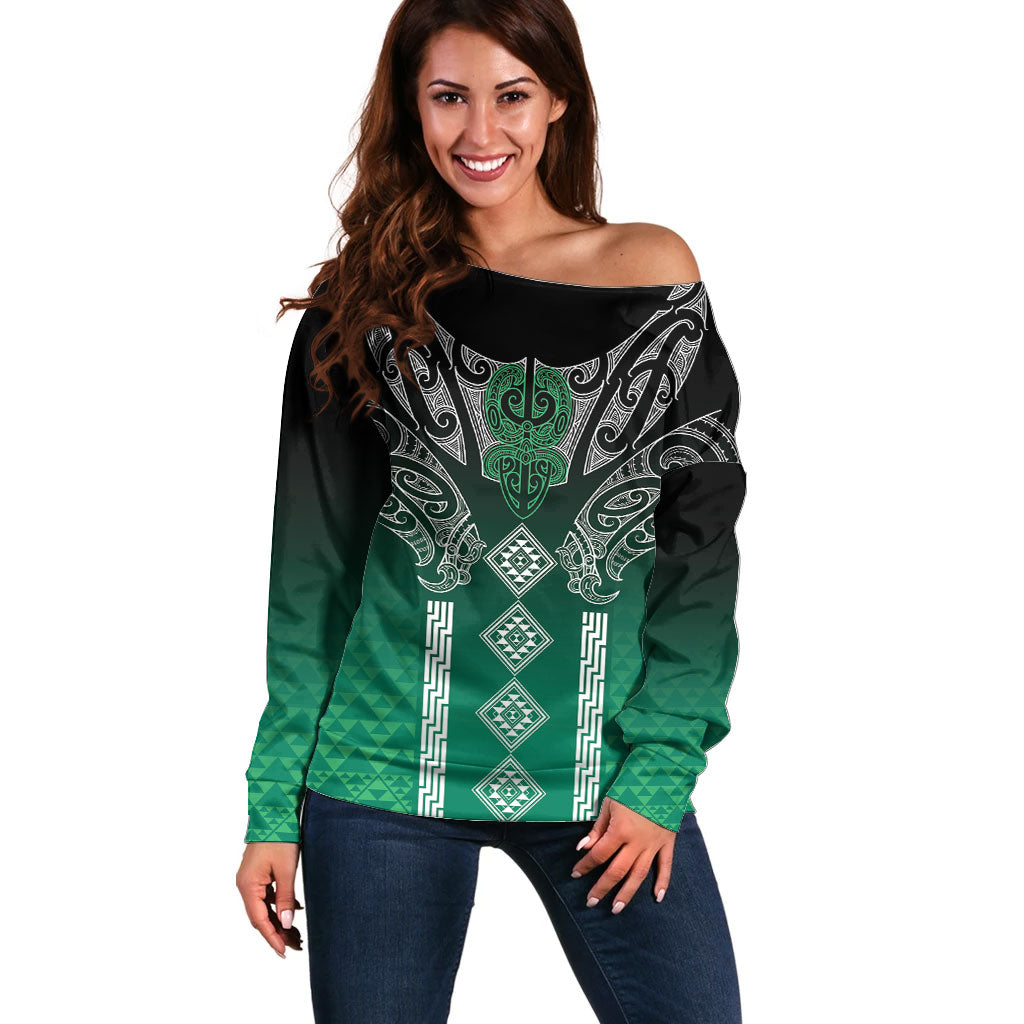 Aotearoa Maori Iwi Heritage Off Shoulder Sweater Ngai Tahu Pounamu Green LT7 Women Jade Green - Polynesian Pride