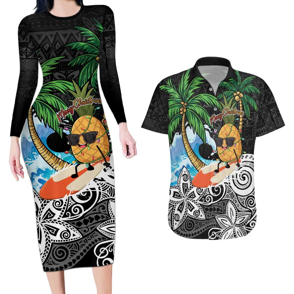 Tropical Christmas Polynesian Couples Matching Long Sleeve Bodycon Dress and Hawaiian Shirt Funny Surfing Pineapple LT7 Black - Polynesian Pride