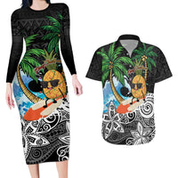 Tropical Christmas Polynesian Couples Matching Long Sleeve Bodycon Dress and Hawaiian Shirt Funny Surfing Pineapple LT7 Black - Polynesian Pride