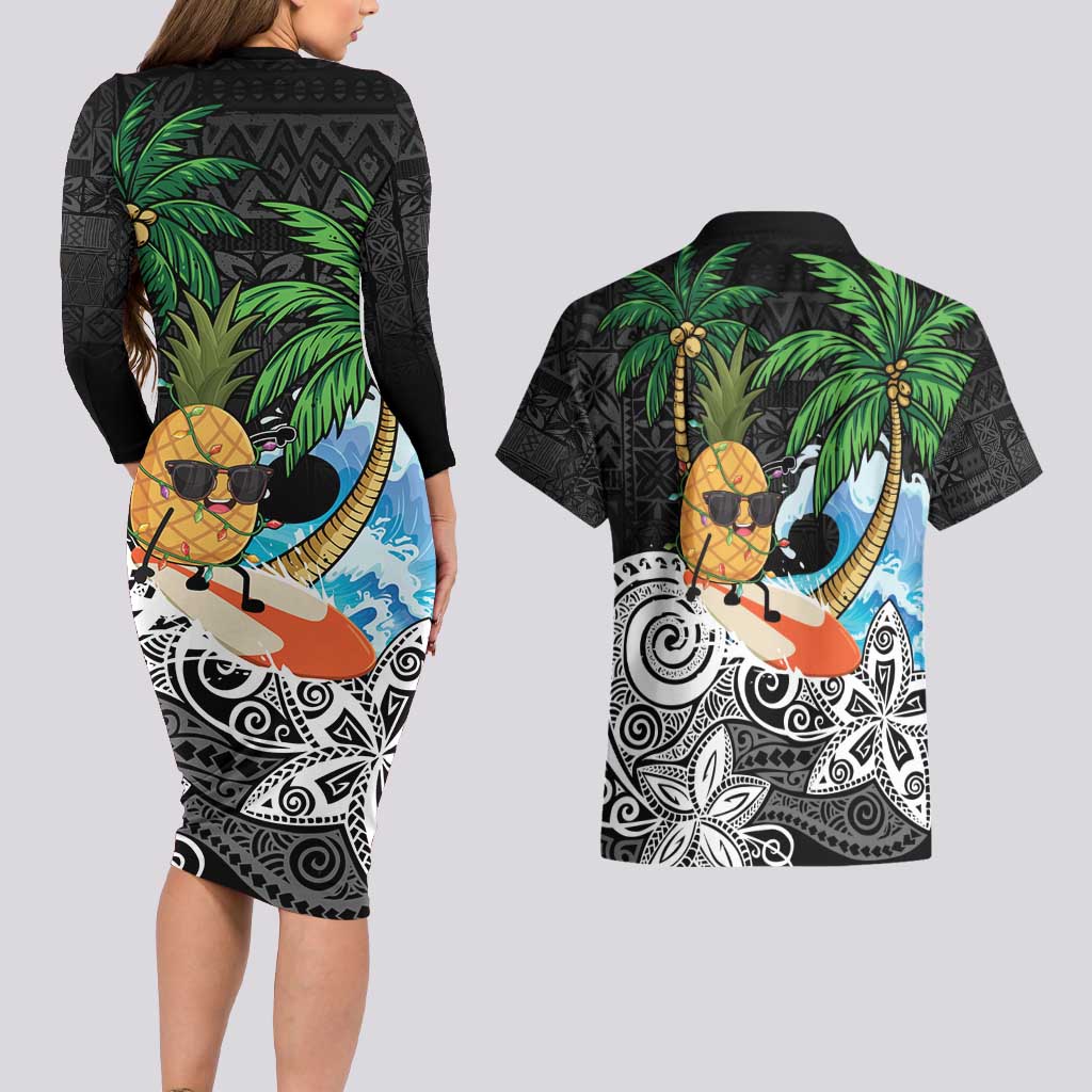 Tropical Christmas Polynesian Couples Matching Long Sleeve Bodycon Dress and Hawaiian Shirt Funny Surfing Pineapple LT7 - Polynesian Pride