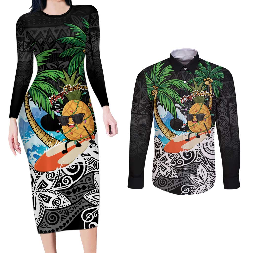 Tropical Christmas Polynesian Couples Matching Long Sleeve Bodycon Dress and Long Sleeve Button Shirt Funny Surfing Pineapple LT7 Black - Polynesian Pride