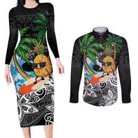 Tropical Christmas Polynesian Couples Matching Long Sleeve Bodycon Dress and Long Sleeve Button Shirt Funny Surfing Pineapple LT7 Black - Polynesian Pride