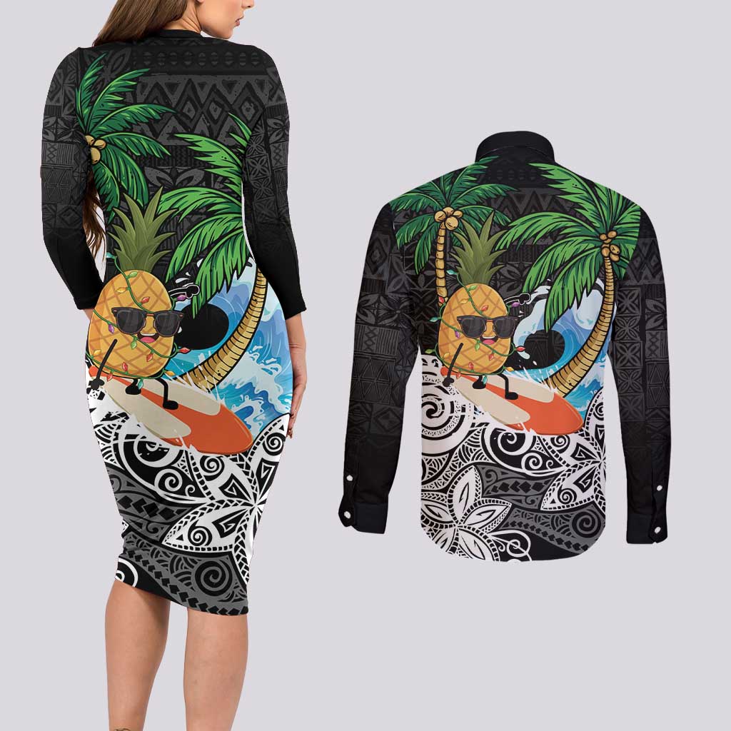 Tropical Christmas Polynesian Couples Matching Long Sleeve Bodycon Dress and Long Sleeve Button Shirt Funny Surfing Pineapple LT7 - Polynesian Pride