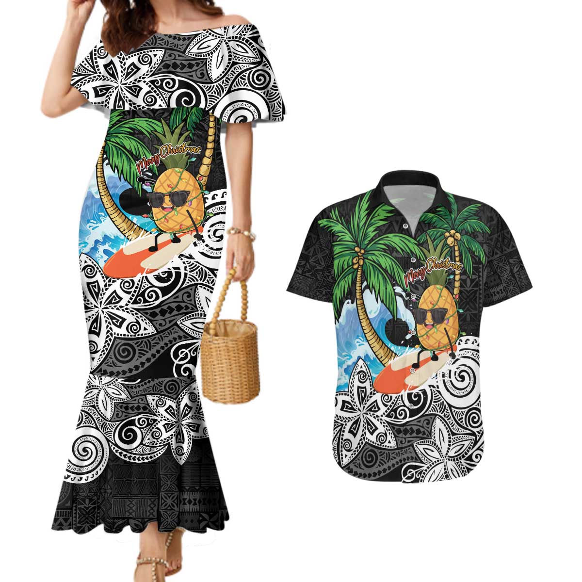 Tropical Christmas Polynesian Couples Matching Mermaid Dress and Hawaiian Shirt Funny Surfing Pineapple LT7 Black - Polynesian Pride
