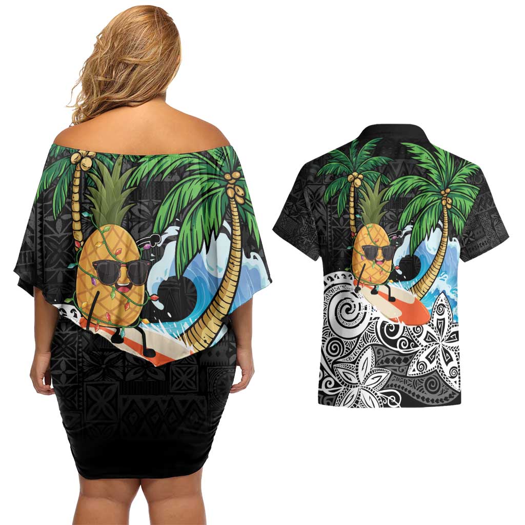 Tropical Christmas Polynesian Couples Matching Off Shoulder Short Dress and Hawaiian Shirt Funny Surfing Pineapple LT7 - Polynesian Pride