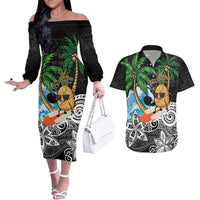 Tropical Christmas Polynesian Couples Matching Off The Shoulder Long Sleeve Dress and Hawaiian Shirt Funny Surfing Pineapple LT7 Black - Polynesian Pride
