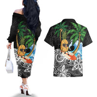 Tropical Christmas Polynesian Couples Matching Off The Shoulder Long Sleeve Dress and Hawaiian Shirt Funny Surfing Pineapple LT7 - Polynesian Pride