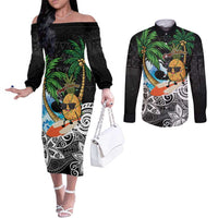 Tropical Christmas Polynesian Couples Matching Off The Shoulder Long Sleeve Dress and Long Sleeve Button Shirt Funny Surfing Pineapple LT7 Black - Polynesian Pride