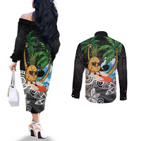 Tropical Christmas Polynesian Couples Matching Off The Shoulder Long Sleeve Dress and Long Sleeve Button Shirt Funny Surfing Pineapple LT7 - Polynesian Pride