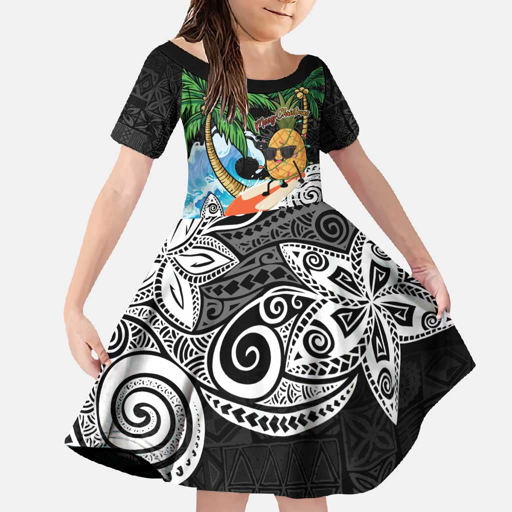 Tropical Christmas Polynesian Family Matching Mermaid Dress and Hawaiian Shirt Funny Surfing Pineapple LT7 Daughter's Dress Black - Polynesian Pride