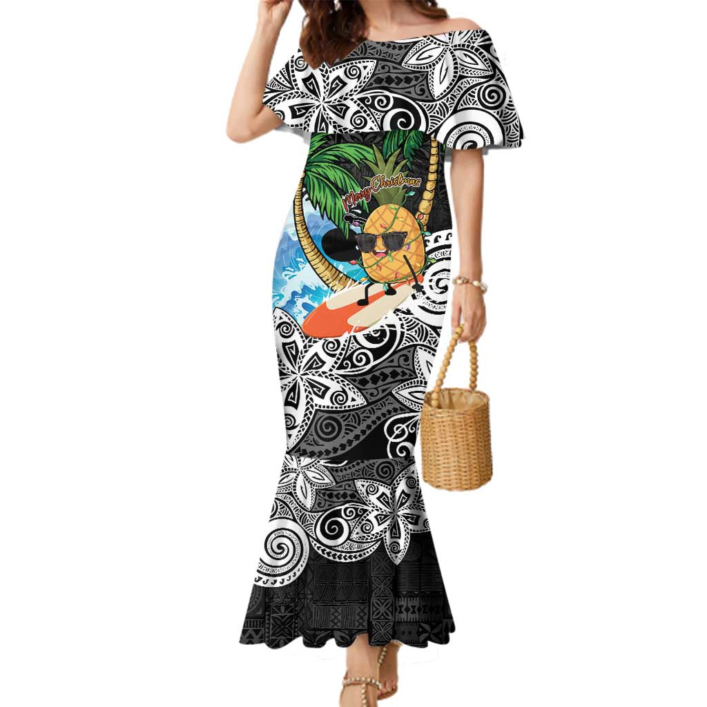 Tropical Christmas Polynesian Family Matching Mermaid Dress and Hawaiian Shirt Funny Surfing Pineapple LT7 Mom's Dress Black - Polynesian Pride