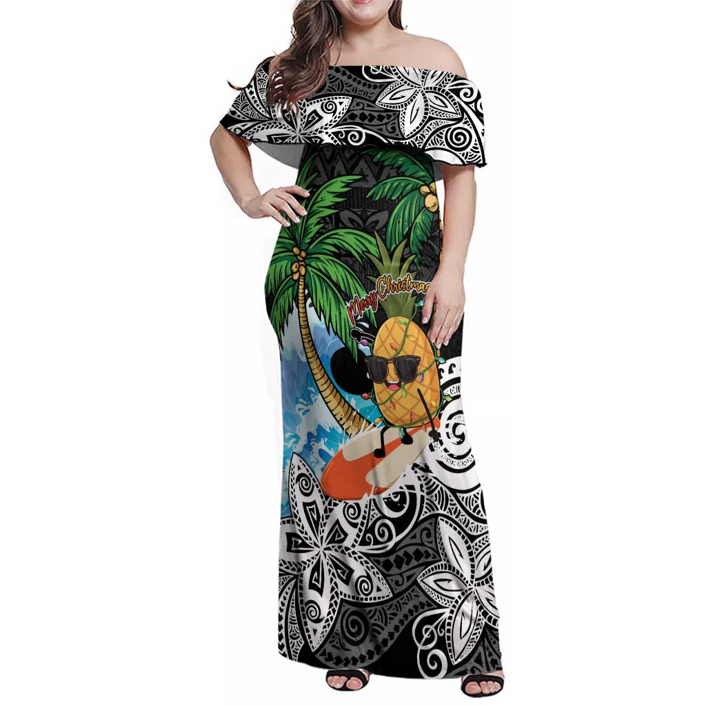 Tropical Christmas Polynesian Family Matching Off Shoulder Maxi Dress and Hawaiian Shirt Funny Surfing Pineapple LT7 Mom's Dress Black - Polynesian Pride
