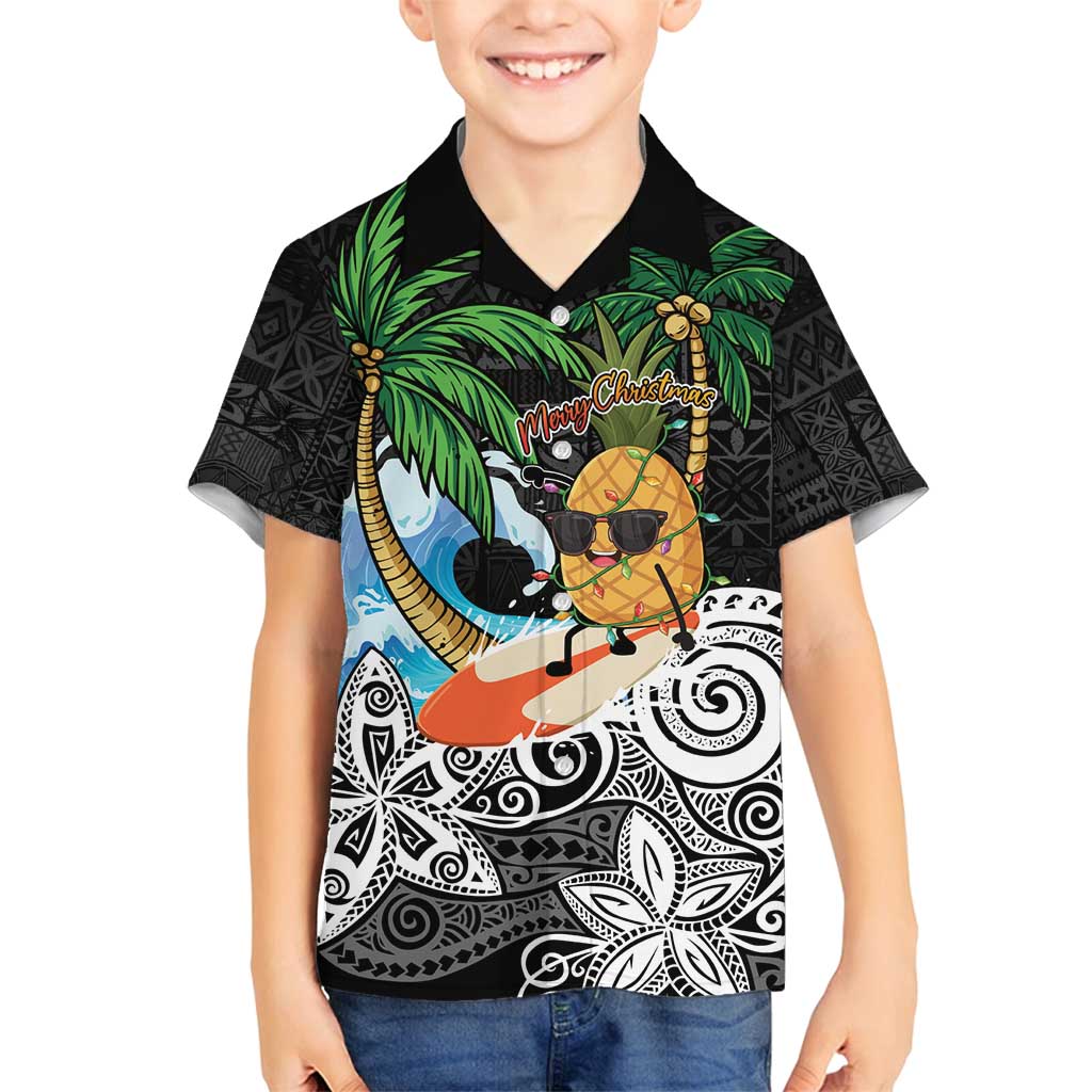 Tropical Christmas Polynesian Family Matching Off Shoulder Maxi Dress and Hawaiian Shirt Funny Surfing Pineapple LT7 Son's Shirt Black - Polynesian Pride