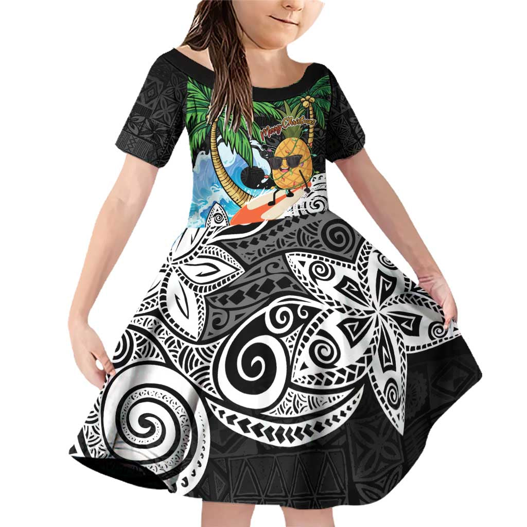 Tropical Christmas Polynesian Family Matching Off Shoulder Short Dress and Hawaiian Shirt Funny Surfing Pineapple LT7 Daughter's Dress Black - Polynesian Pride