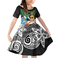 Tropical Christmas Polynesian Family Matching Off Shoulder Short Dress and Hawaiian Shirt Funny Surfing Pineapple LT7 Daughter's Dress Black - Polynesian Pride