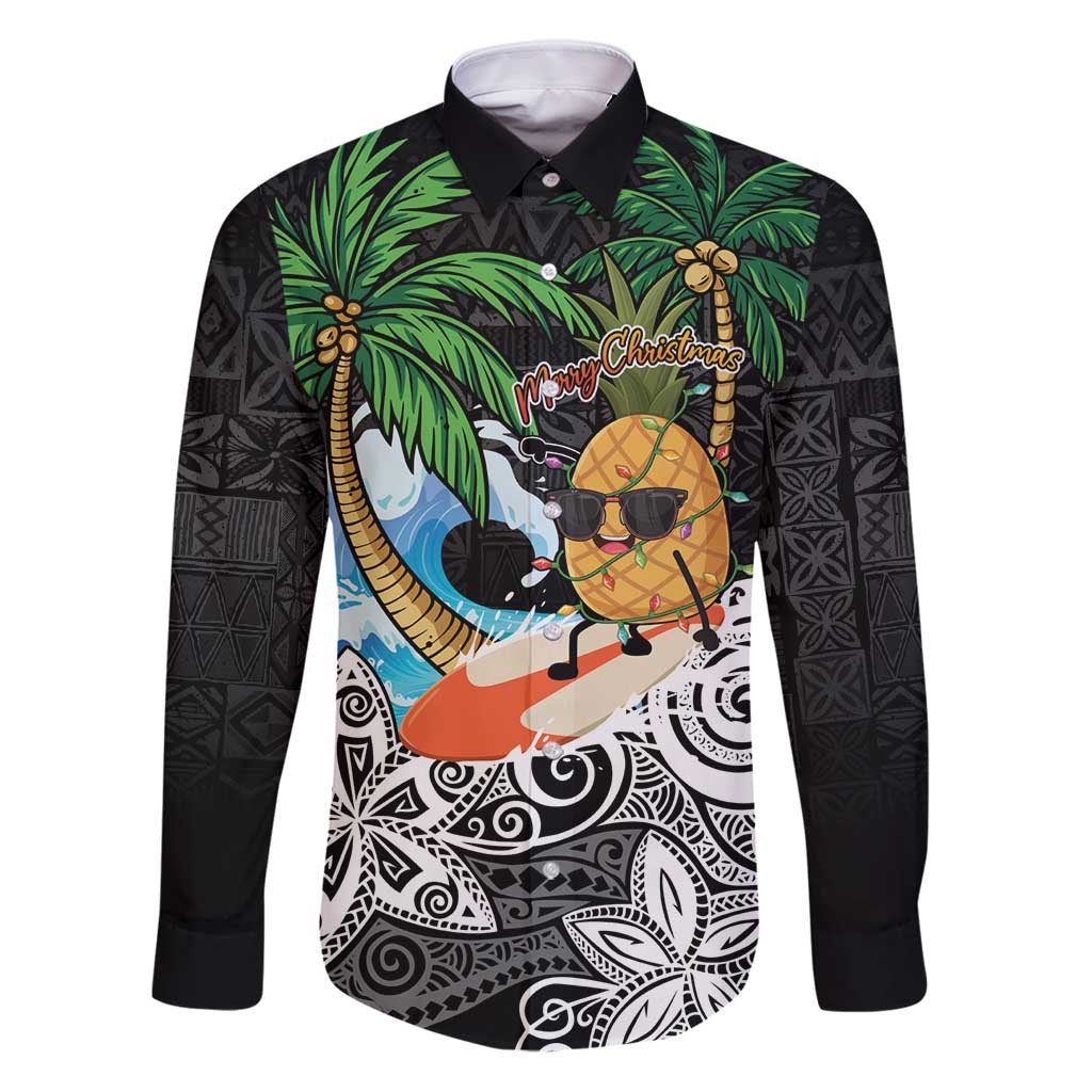 Tropical Christmas Polynesian Family Matching Puletasi and Hawaiian Shirt Funny Surfing Pineapple LT7 Dad's Shirt - Long Sleeve Black - Polynesian Pride