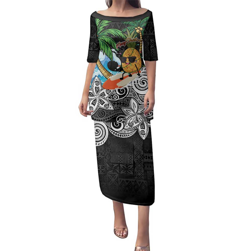 Tropical Christmas Polynesian Family Matching Puletasi and Hawaiian Shirt Funny Surfing Pineapple LT7 Mom's Dress Black - Polynesian Pride