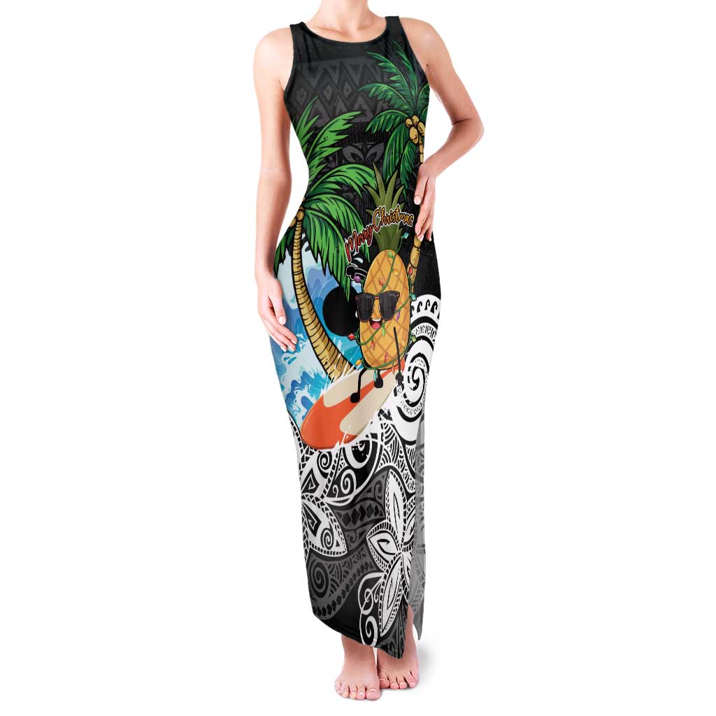 Tropical Christmas Polynesian Family Matching Tank Maxi Dress and Hawaiian Shirt Funny Surfing Pineapple LT7 Mom's Dress Black - Polynesian Pride