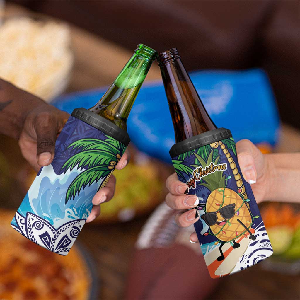 Tropical Christmas Polynesian 4 in 1 Can Cooler Tumbler Funny Surfing Pineapple Blue