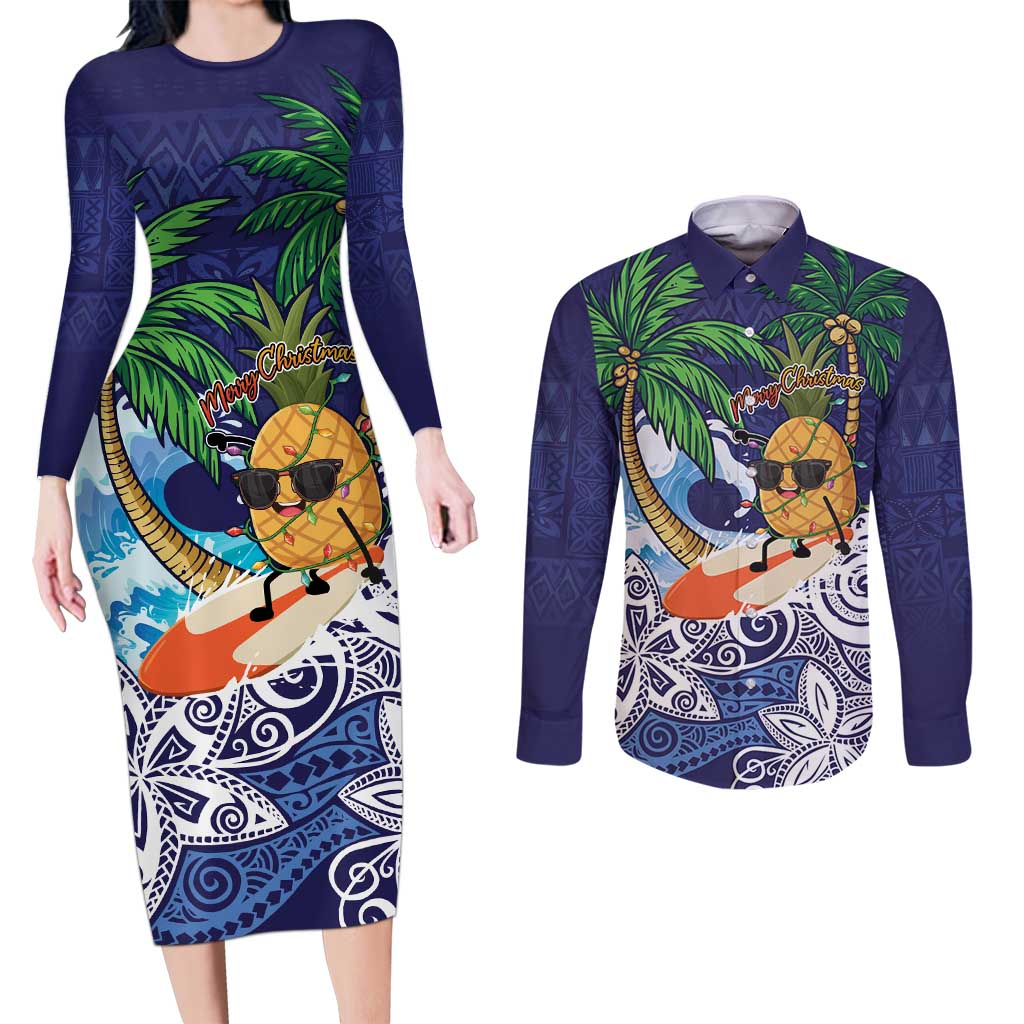 Tropical Christmas Polynesian Couples Matching Long Sleeve Bodycon Dress and Long Sleeve Button Shirt Funny Surfing Pineapple Blue LT7 Blue - Polynesian Pride