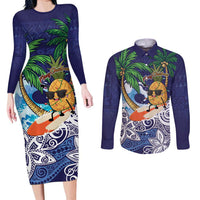 Tropical Christmas Polynesian Couples Matching Long Sleeve Bodycon Dress and Long Sleeve Button Shirt Funny Surfing Pineapple Blue LT7 Blue - Polynesian Pride