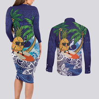 Tropical Christmas Polynesian Couples Matching Long Sleeve Bodycon Dress and Long Sleeve Button Shirt Funny Surfing Pineapple Blue LT7 - Polynesian Pride