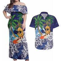 Tropical Christmas Polynesian Couples Matching Off Shoulder Maxi Dress and Hawaiian Shirt Funny Surfing Pineapple Blue LT7 Blue - Polynesian Pride