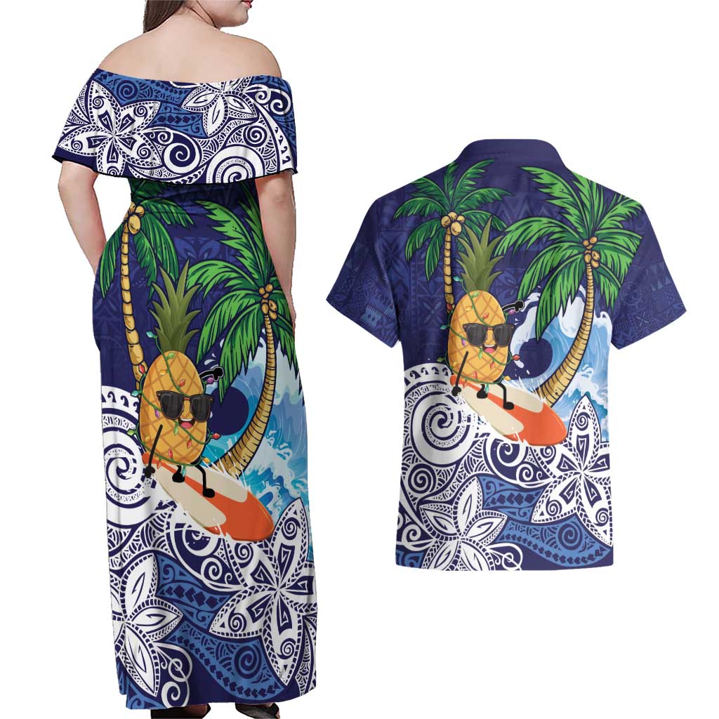 Tropical Christmas Polynesian Couples Matching Off Shoulder Maxi Dress and Hawaiian Shirt Funny Surfing Pineapple Blue LT7 - Polynesian Pride