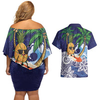 Tropical Christmas Polynesian Couples Matching Off Shoulder Short Dress and Hawaiian Shirt Funny Surfing Pineapple Blue LT7 - Polynesian Pride