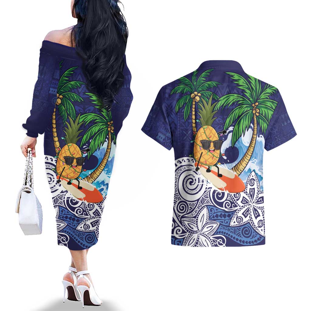 Tropical Christmas Polynesian Couples Matching Off The Shoulder Long Sleeve Dress and Hawaiian Shirt Funny Surfing Pineapple Blue LT7 - Polynesian Pride