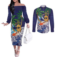 Tropical Christmas Polynesian Couples Matching Off The Shoulder Long Sleeve Dress and Long Sleeve Button Shirt Funny Surfing Pineapple Blue LT7 Blue - Polynesian Pride