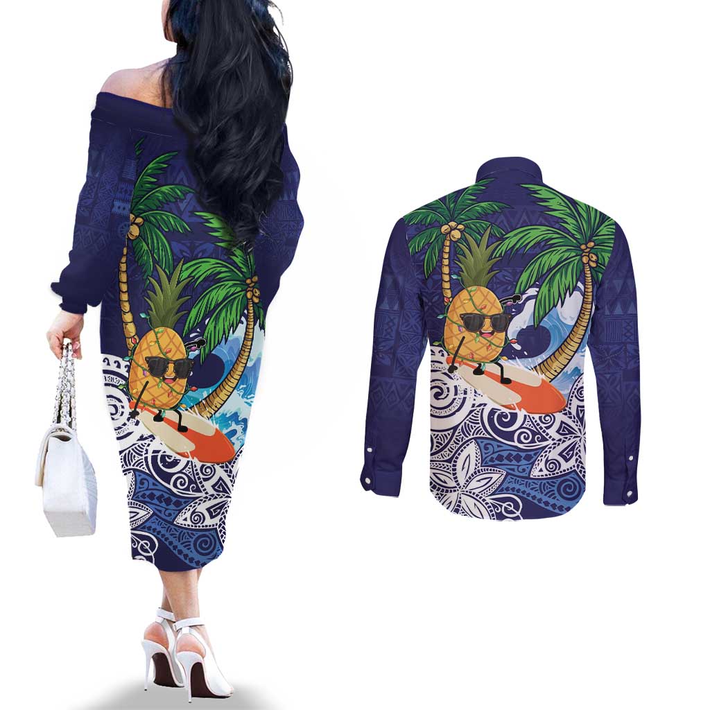Tropical Christmas Polynesian Couples Matching Off The Shoulder Long Sleeve Dress and Long Sleeve Button Shirt Funny Surfing Pineapple Blue LT7 - Polynesian Pride