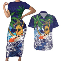 Tropical Christmas Polynesian Couples Matching Short Sleeve Bodycon Dress and Hawaiian Shirt Funny Surfing Pineapple Blue LT7 Blue - Polynesian Pride