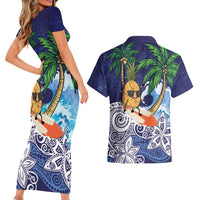 Tropical Christmas Polynesian Couples Matching Short Sleeve Bodycon Dress and Hawaiian Shirt Funny Surfing Pineapple Blue LT7 - Polynesian Pride