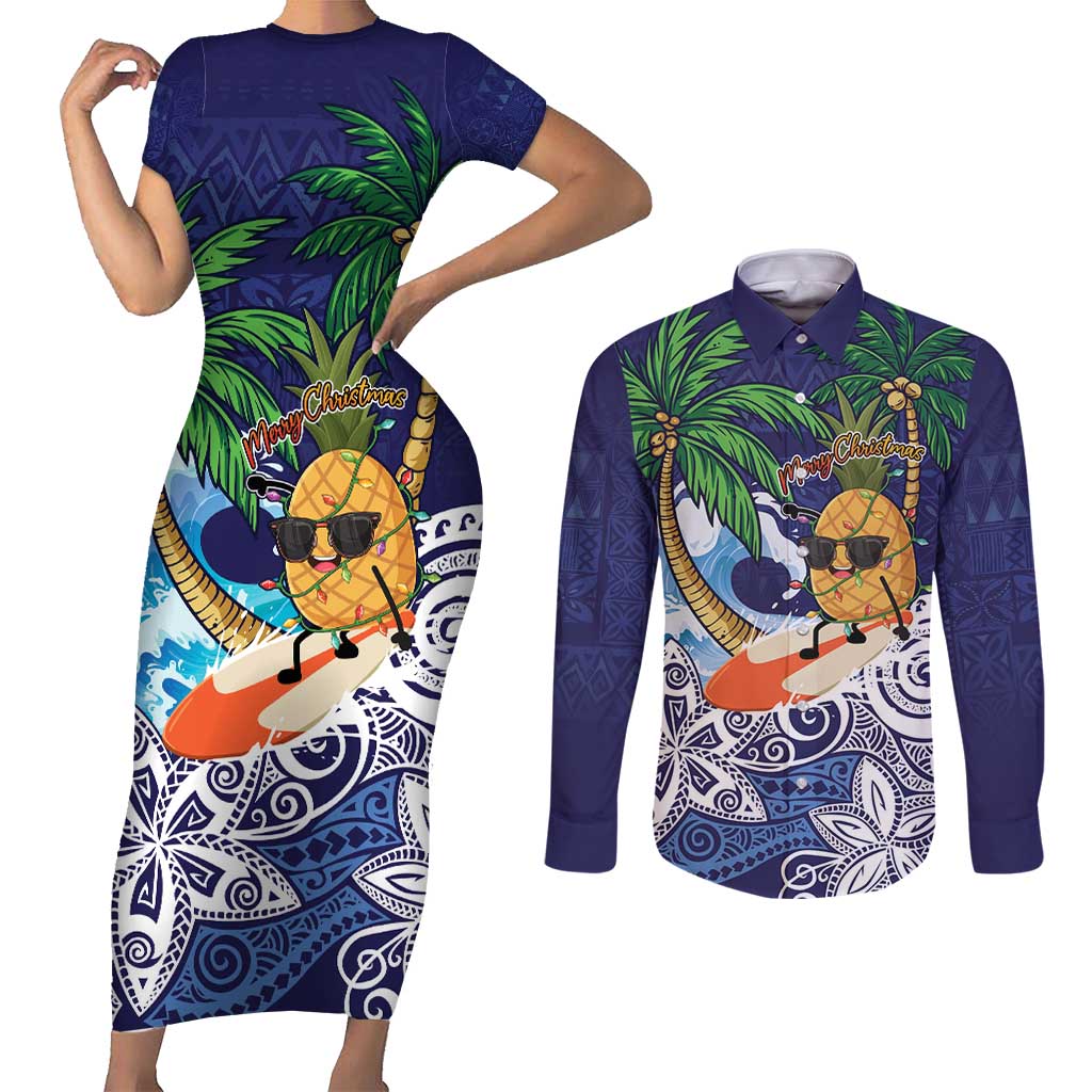 Tropical Christmas Polynesian Couples Matching Short Sleeve Bodycon Dress and Long Sleeve Button Shirt Funny Surfing Pineapple Blue LT7 Blue - Polynesian Pride