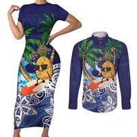 Tropical Christmas Polynesian Couples Matching Short Sleeve Bodycon Dress and Long Sleeve Button Shirt Funny Surfing Pineapple Blue LT7 Blue - Polynesian Pride