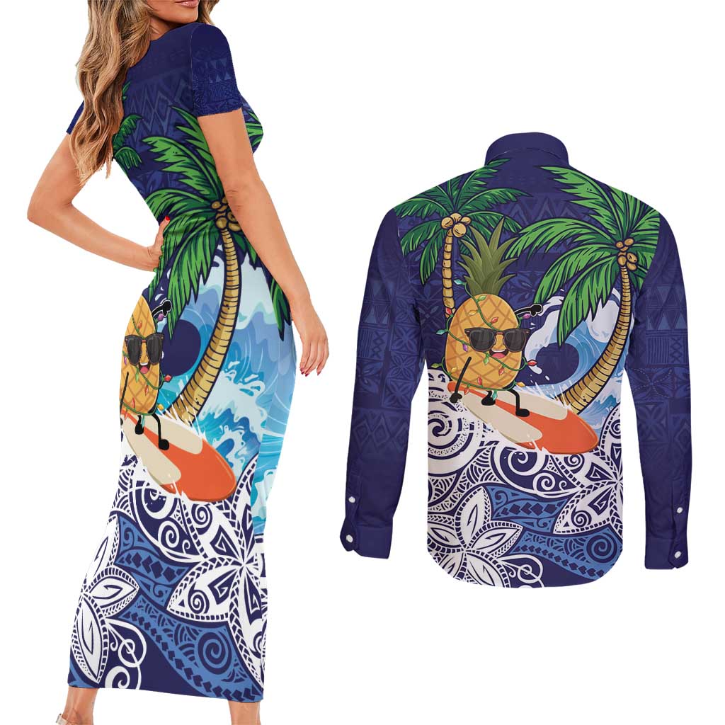 Tropical Christmas Polynesian Couples Matching Short Sleeve Bodycon Dress and Long Sleeve Button Shirt Funny Surfing Pineapple Blue LT7 - Polynesian Pride