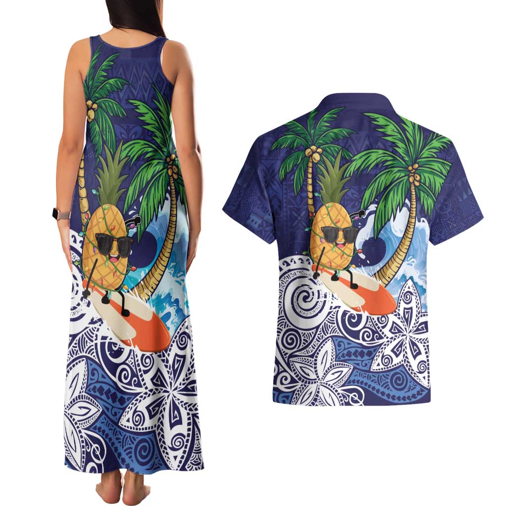Tropical Christmas Polynesian Couples Matching Tank Maxi Dress and Hawaiian Shirt Funny Surfing Pineapple Blue LT7 - Polynesian Pride