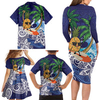 Tropical Christmas Polynesian Family Matching Long Sleeve Bodycon Dress and Hawaiian Shirt Funny Surfing Pineapple Blue LT7 - Polynesian Pride