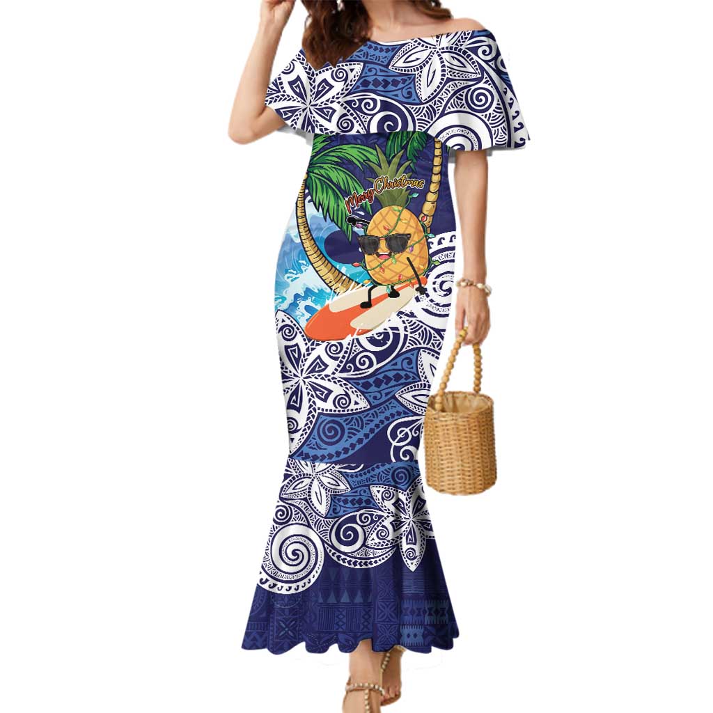 Tropical Christmas Polynesian Family Matching Mermaid Dress and Hawaiian Shirt Funny Surfing Pineapple Blue LT7 Mom's Dress Blue - Polynesian Pride