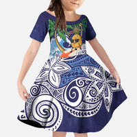 Tropical Christmas Polynesian Family Matching Off The Shoulder Long Sleeve Dress and Hawaiian Shirt Funny Surfing Pineapple Blue LT7 Daughter's Dress Blue - Polynesian Pride