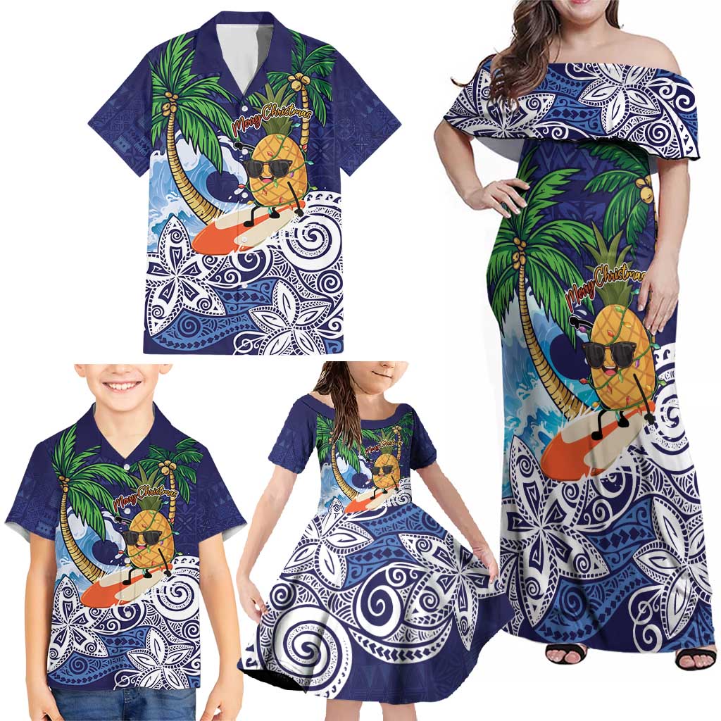 Tropical Christmas Polynesian Family Matching Off Shoulder Maxi Dress and Hawaiian Shirt Funny Surfing Pineapple Blue LT7 - Polynesian Pride